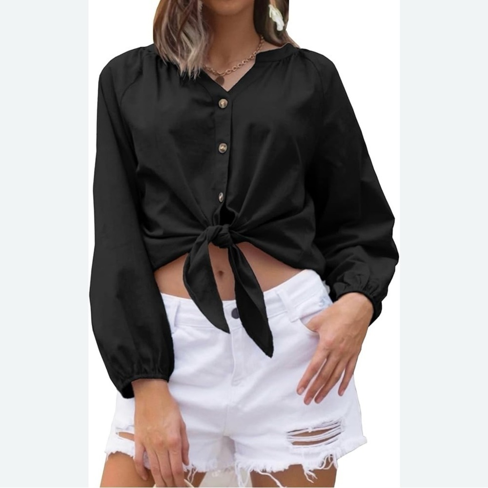 Zeagoo Women Blouse V Neck Tie Knot Front Long Sleeve size medium